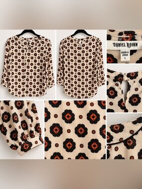 Daniel Rainn Cream Black & Orange Print Blouse Size L